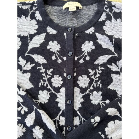 Loft Outlet Cardigan Crew Neck Sweater Womens Size Small Navy Knit Floral Cotton - Picture 4 of 7